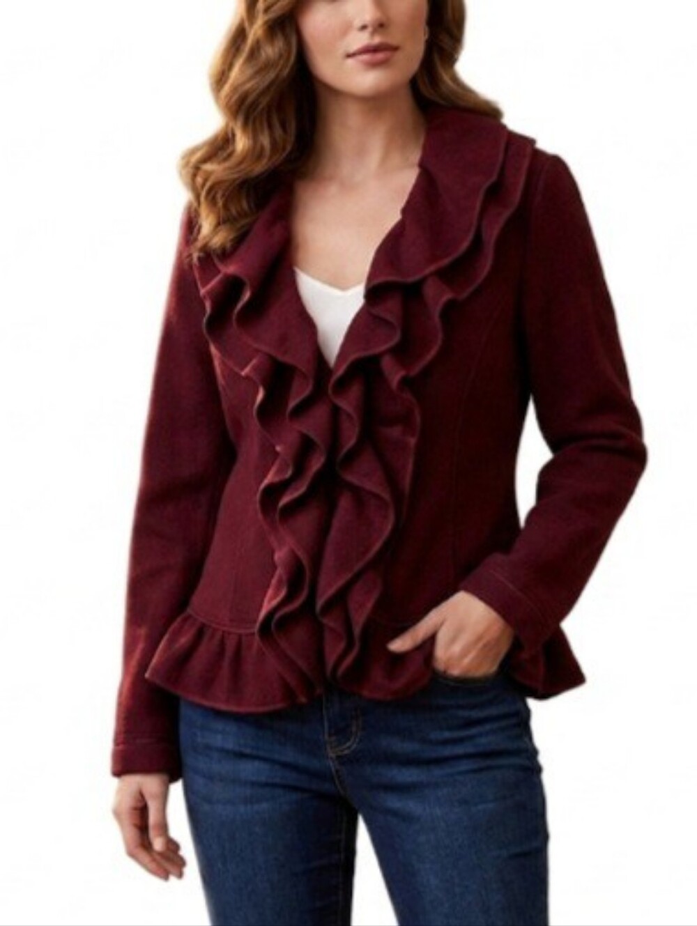 Magaschoni 100% Wool Ruffle Trim Cardigan Jacket Size M